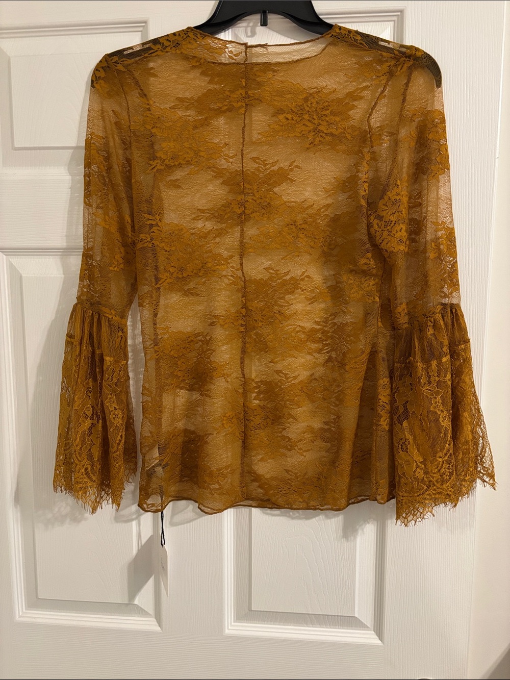 Women's Sheer Lace Bell-Sleeve Top - Mustard - Picture 4 of 5
